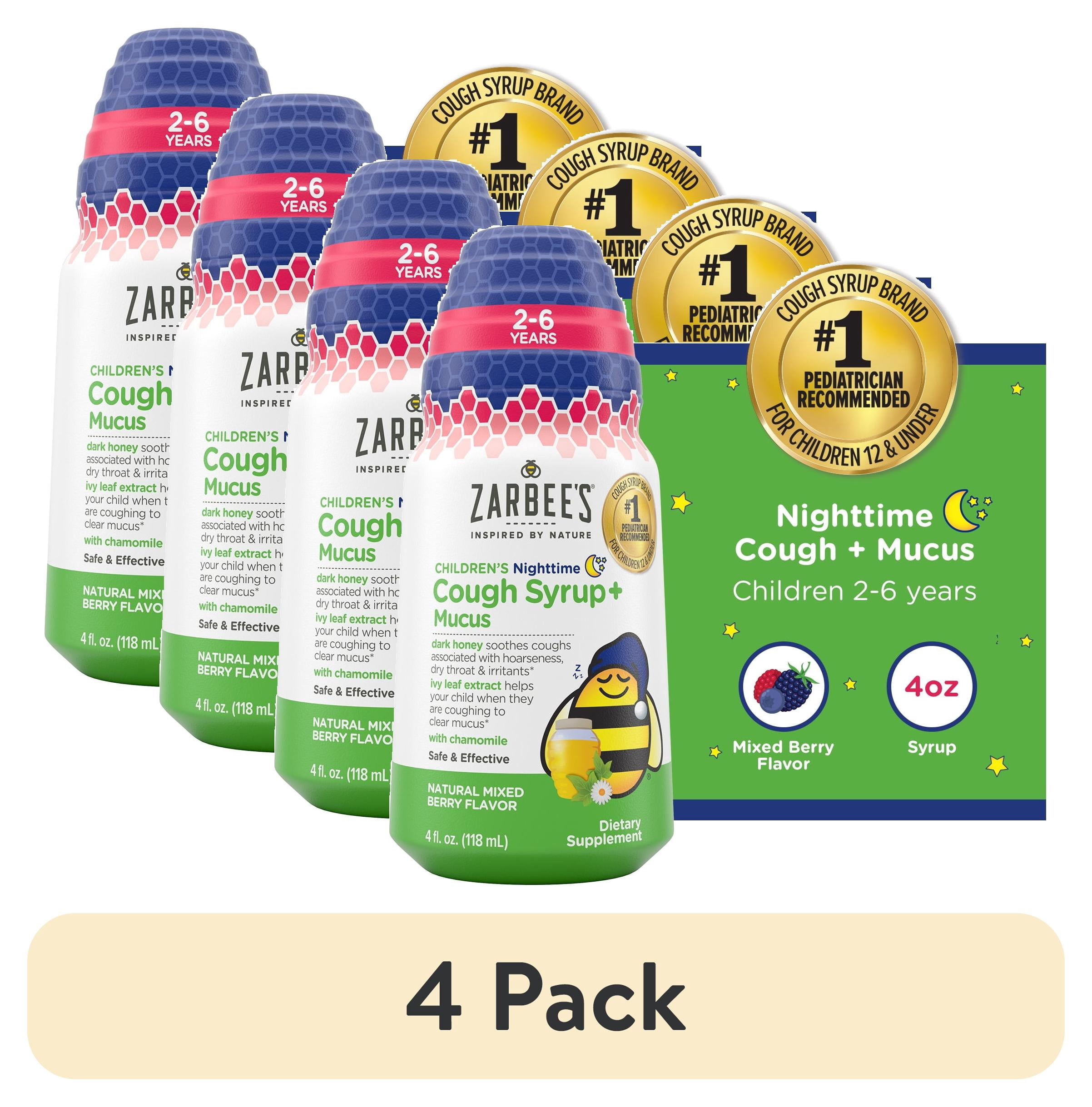 (4 pack) Zarbee's Kid's Nighttime Honey Cough Syrup + Mucus, Berry, 4 fl. oz