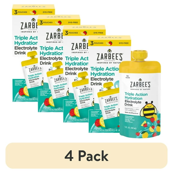 (4 pack) Zarbee's Kids Triple Action Hydration Electrolyte Drink, 3 x 5 fl. oz