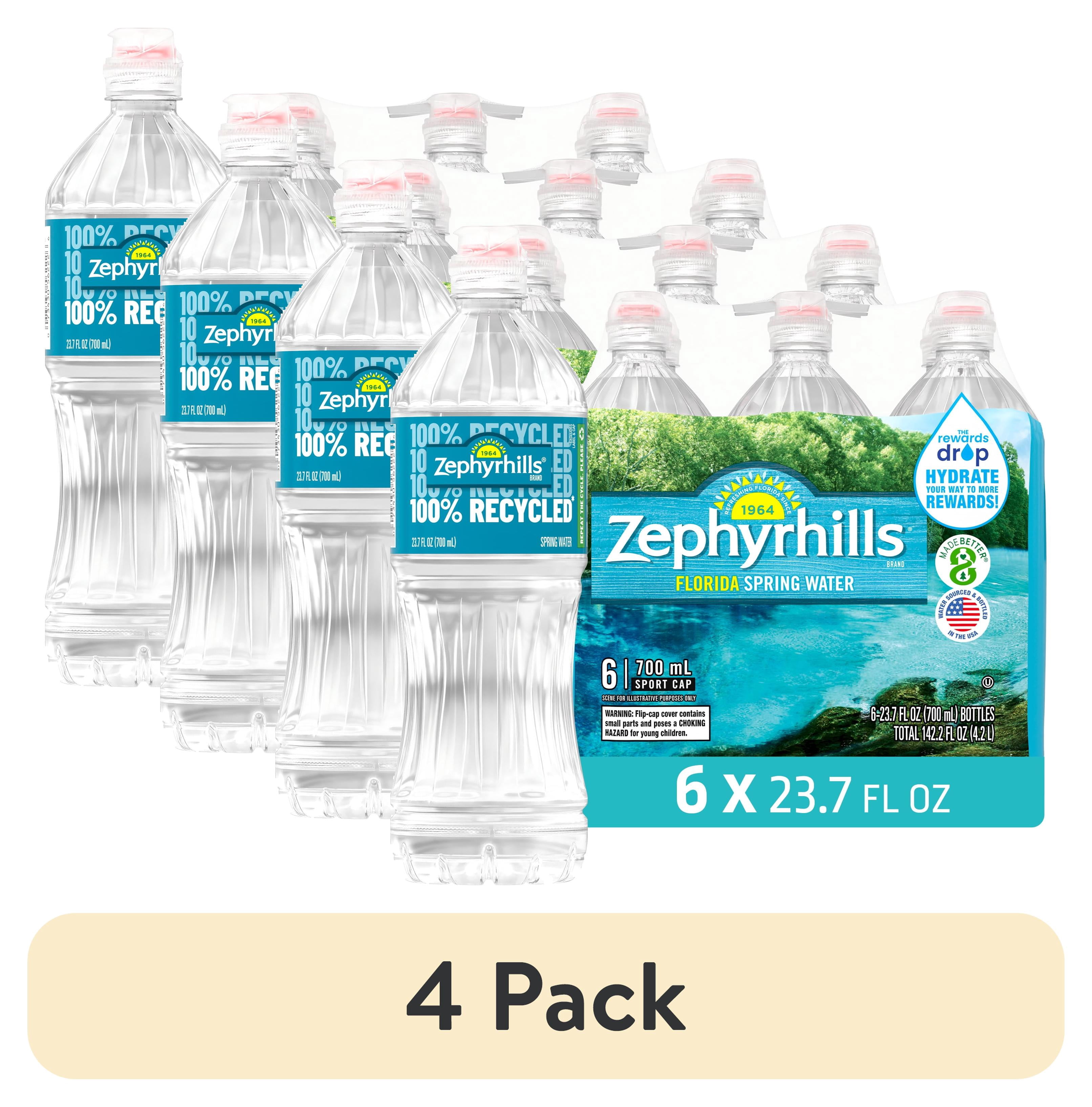 (4 pack) Zephyrhills Florida Spring Water, Sport Cap, 23.7 fl oz, 6-pack Plastic Bottles