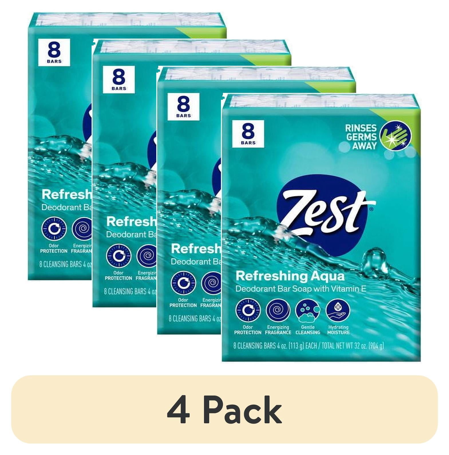 (4 pack) Zest Deodorant Bar Soap, Hydrating Moisture for All Skin Types, Aqua, 4 oz, 8 Bars