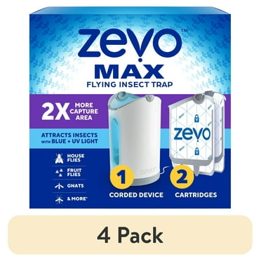 (4 pack) Zevo MAX Flying Insect Trap: Light Trap Catches & Kills House Flies, Fruit Flies, Gnats, & More - 360 Degree Attract and Capture Design (1 Corded Device & 2 Refill Cartridges)