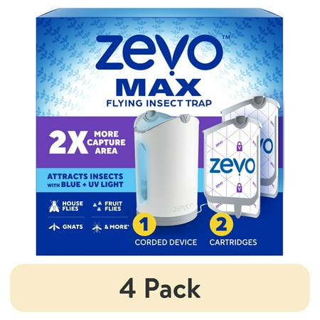 (4 pack) Zevo Max Flying Insect Indoor Fly Trap: Easy, Mess-Free Solution - Light Trap Catches & Kills House Flies, Fruit Flies, Gnats, & More (1 Plug in Device & 2 Cartridges)