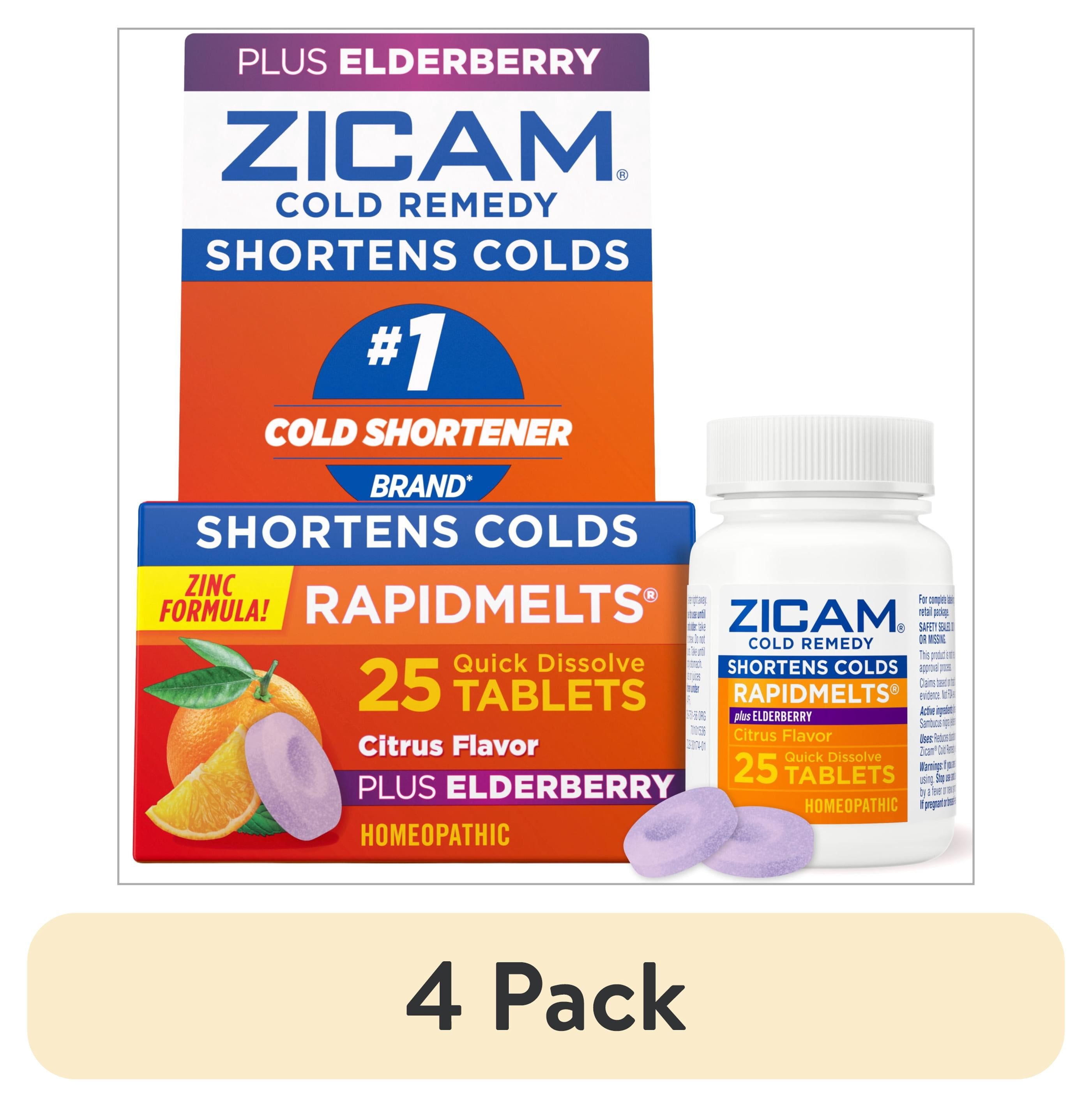 (4 pack) Zicam Cold Remedy Zinc RapidMelts, Elderberry Citrus, Homeopathic Cold Shortening Medicine, 25 Count