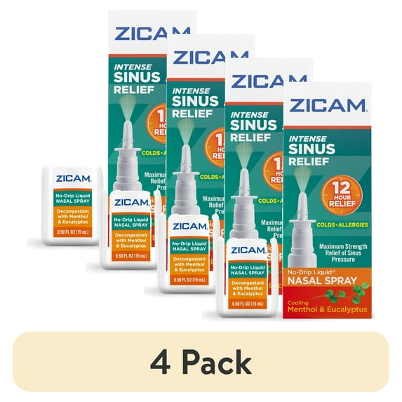(4 pack) Zicam Intense Sinus Relief No-Drip Relief Nasal Spray with Cooling Menthol & Eucalyptus 0.5 oz