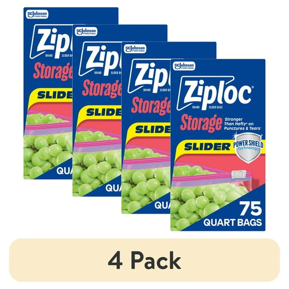 (4 pack) Ziploc® Brand Food Storage Slider Quart Bags, Power Shield™ Technology, Expandable Bottom, 75 Count