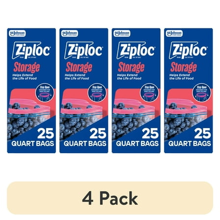 (4 pack) Ziploc Brand Storage Bags, School Supplies, with Grip 'n Seal Technology, Quart, 25 Count