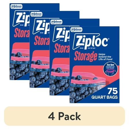 (4 pack) Ziploc Brand Storage Bags, School Supplies, with Grip 'n Seal Technology, Quart, 75 Count