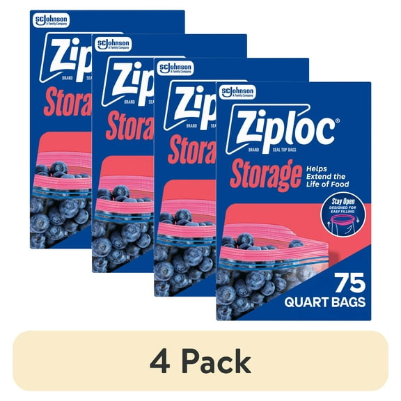 (4 pack) Ziploc Brand Storage Bags, School Supplies, with Grip 'n Seal Technology, Quart, 75 Count