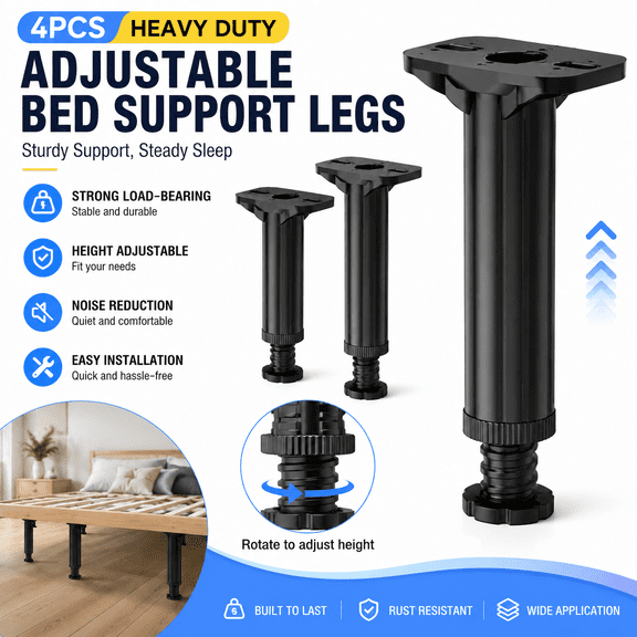 4-pack adjustable replacement bed frame support legs,with connectin plates/scales/bed frame legs,suitable for oversized bed slats and large bed slats (7.48 in - 13 in)