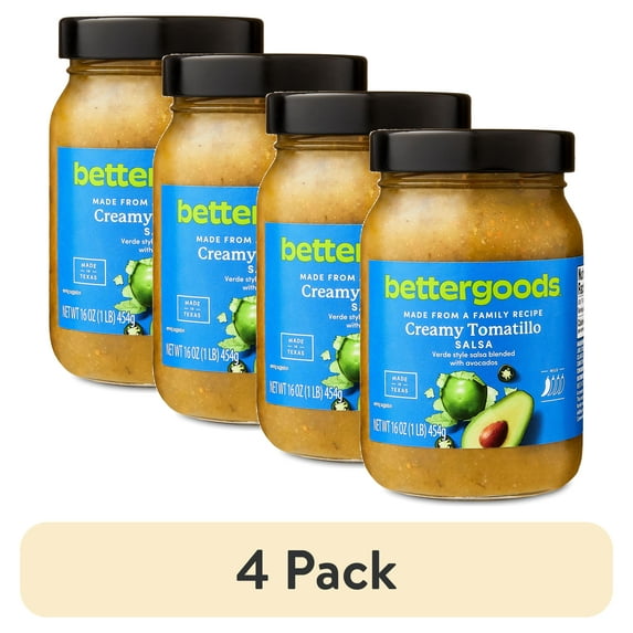 (4 pack) bettergoods Creamy Tomatillo Salsa, Mild, Shelf Stable, 16 oz, Glass Jar