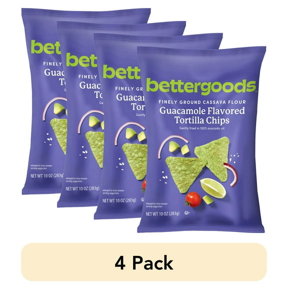 (4 pack) bettergoods Finely Ground Cassava Flour Guacamole Flavored Tortilla Chips, 10 oz