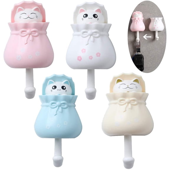 4-pack cute cat hooks, sturdy decorative wall hooks for keys,