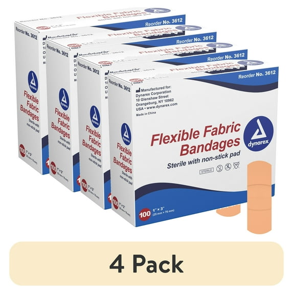 (4 pack) Dynarex Adhesive Strip 1 X 3 Inch Fabric Rectangle Tan Sterile, 3612 - Box of 100