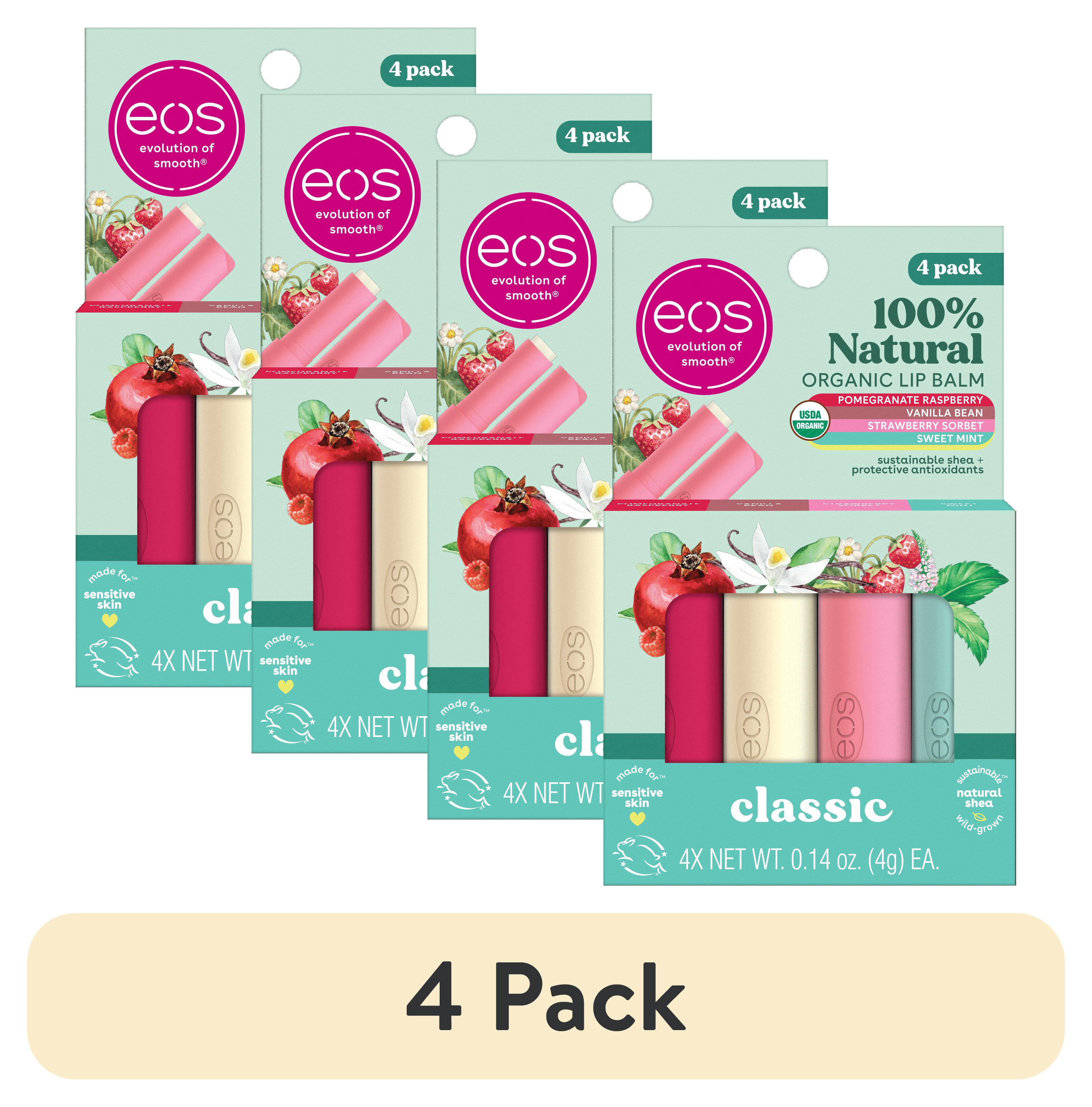 (4 pack) eos 100% Natural & Organic Lip Balm- Strawberry, Mint, Pomegranate, Vanilla, 0.14 oz, 4 Pack