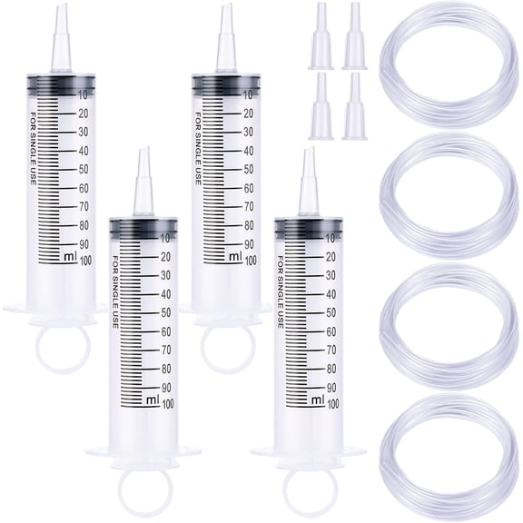 4 Packaged Large Plastic Syringes with Convenient Plastic Tube and Connector, for Liquid Measurement, Watering, Refilling, Feeding (100ml)