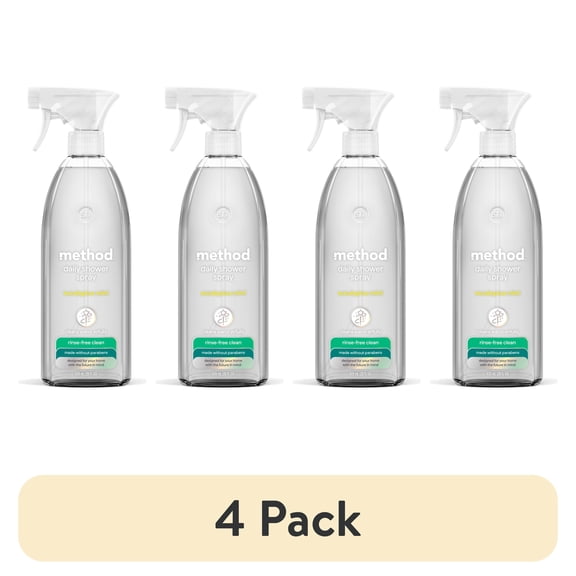 (4 pack) method Daily Shower Cleaner Spray, Eucalyptus Mint - Removes Soap Scum from Bathroom Tiles, Doors, Bathtubs, Glass & More, No Rinse Required, 28 fl oz