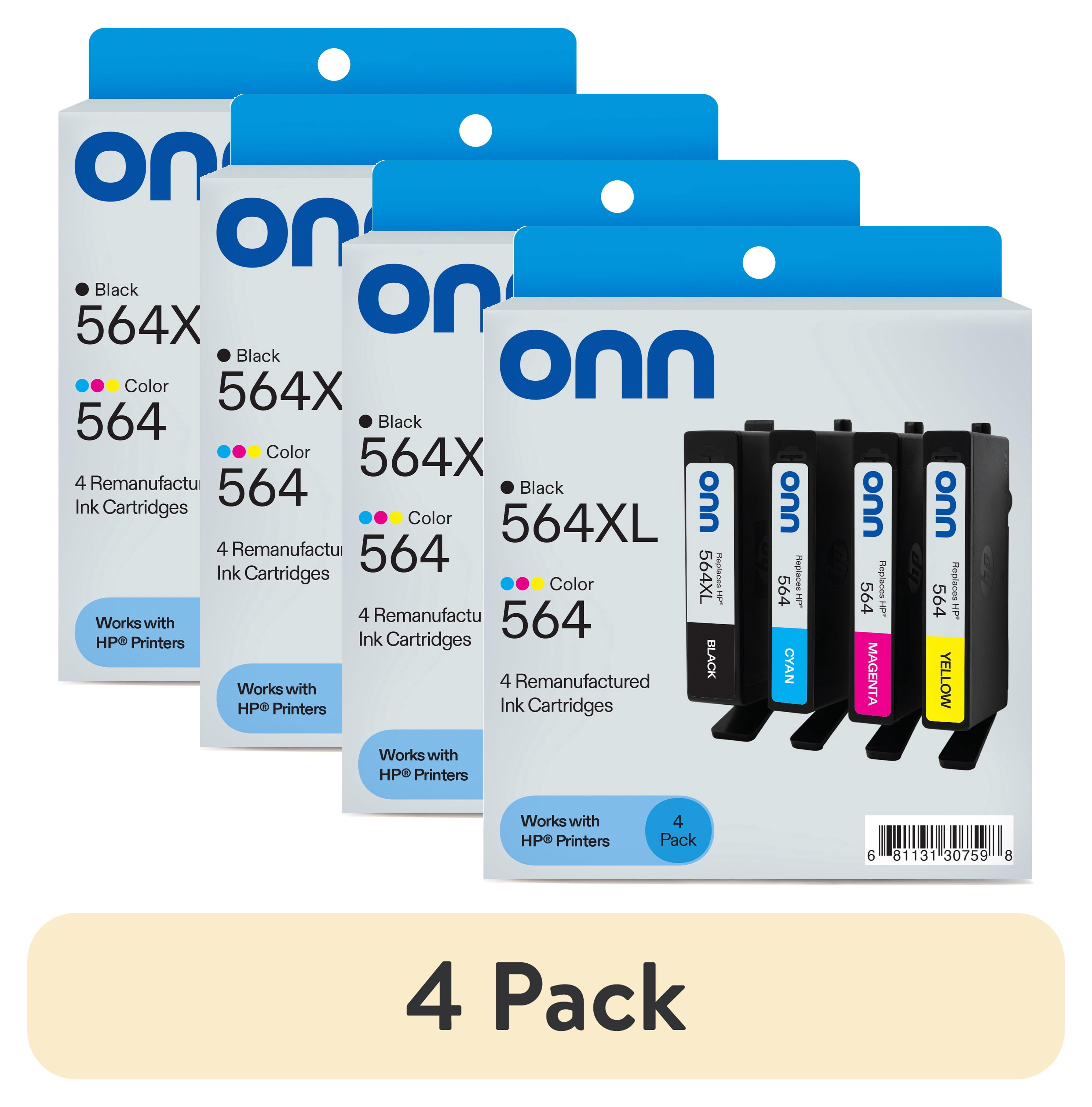 (4 pack) onn HP 564XL + 564 Black and Tri-Color, 4 Pack Ink Cartridge (Remanufactured)