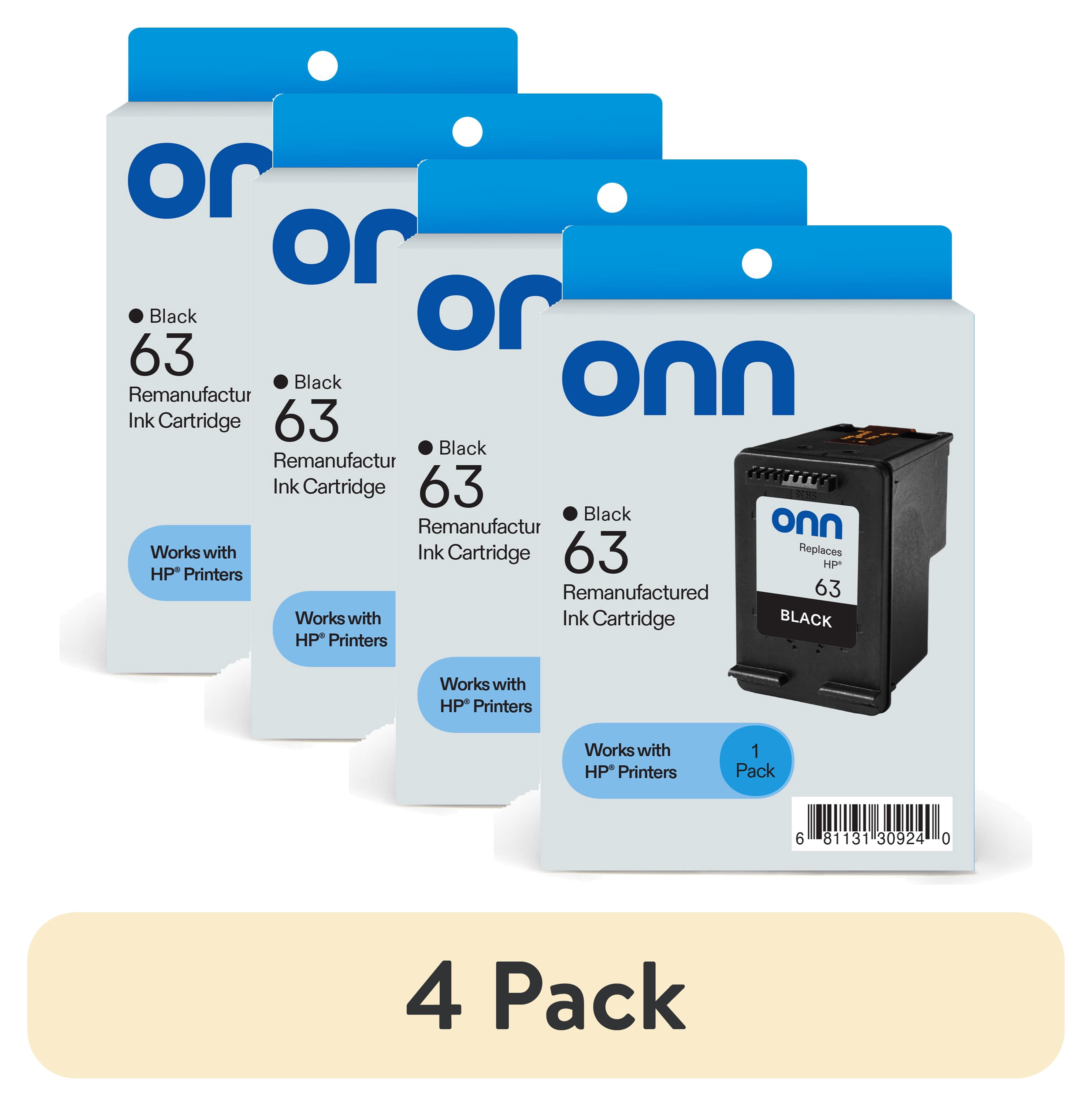 (4 pack) onn HP 63 Black Printer Ink Cartridge, (Remanufactured)