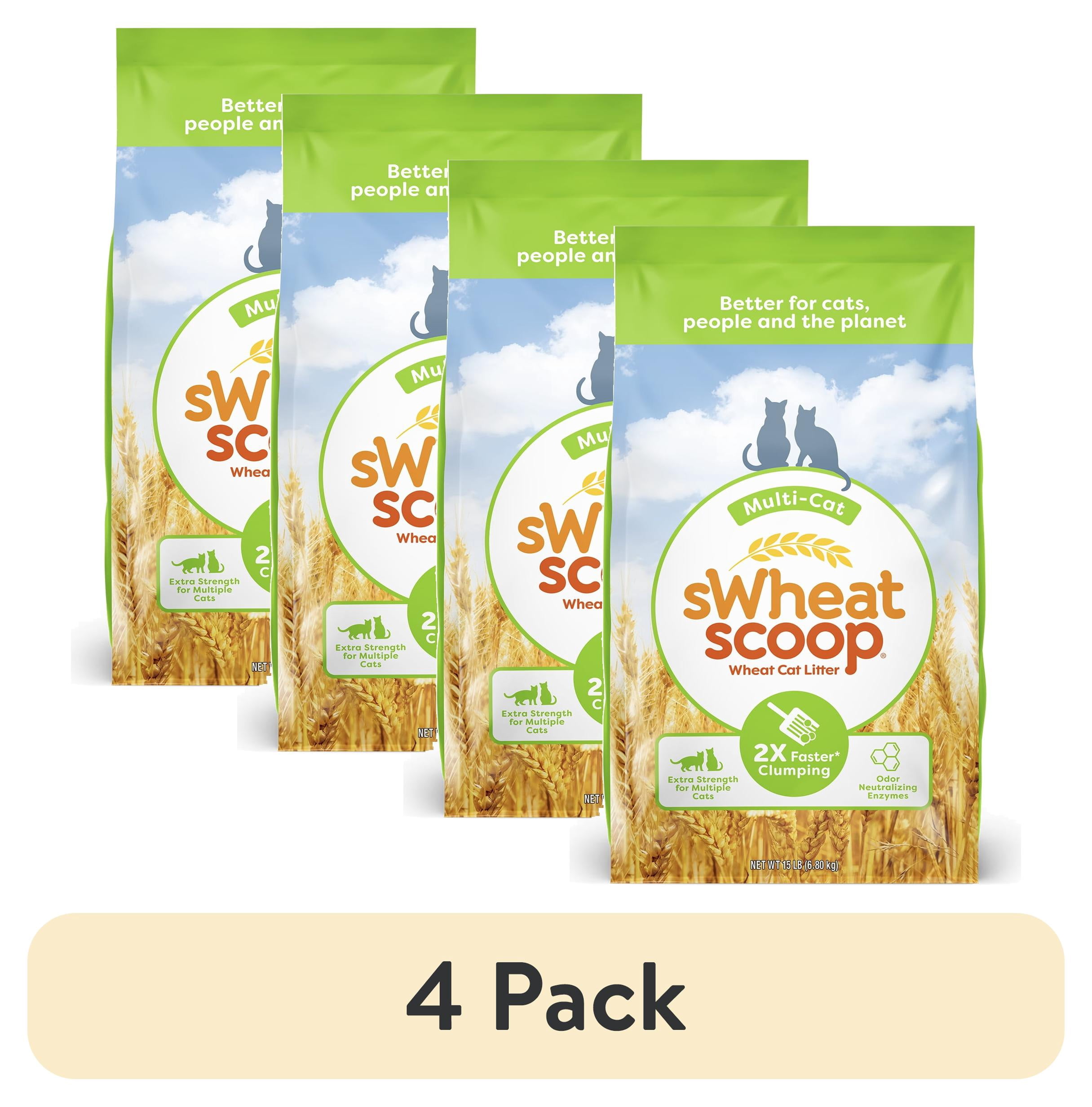 (4 pack) sWheat Scoop Multi-Cat Natural Clumping Wheat Cat Litter, 15lb