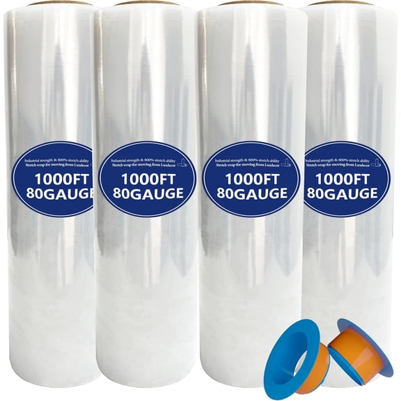 4 pack stretch film industrial strength - 18 inches 1000 feet 80 gauge stretch film for furniture moving, with plastic handle pallet packaging stretch film, transparent stretch film roll heavy-duty 8