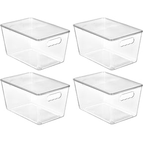 4 packs of transparent stackable storage boxes with lid and handle, large | BPA-free plastic, vertical finishing, durable construction and easy to move
