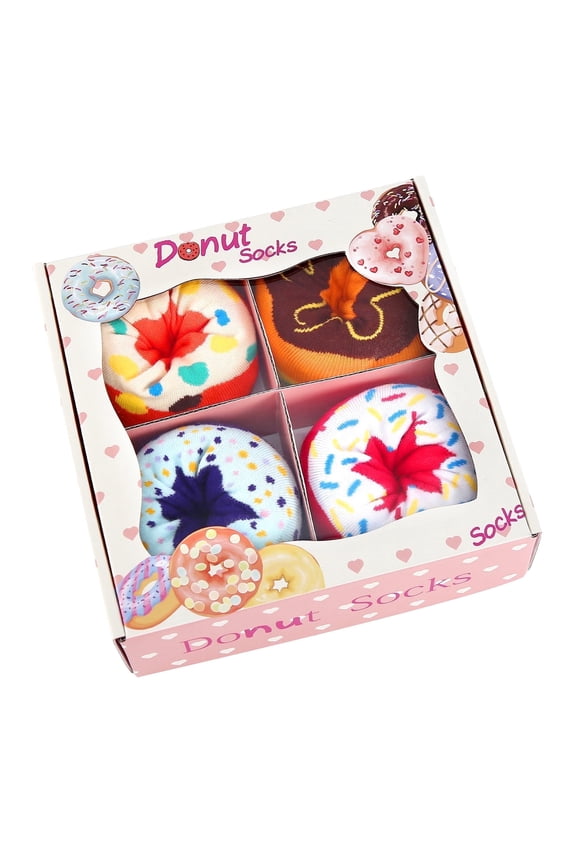 Funny Donut Socks Box -Funny Gifts for Women Ladies Teenage Girls-Fun Novelty Funky Cute Food Silly Cotton Crazy Socks Mothers Day Valentines Christmas Birthday Gifts Stocking Fillers-4 pairs