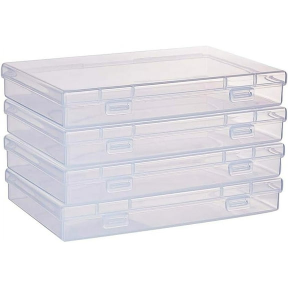4 pc 4 Pack 17x10.5x2.5cm Inches Large Clear Plastic Box Container Clear Storage Organizer with Hinged Lid for Small Craft Accessories Office Supplies Clips