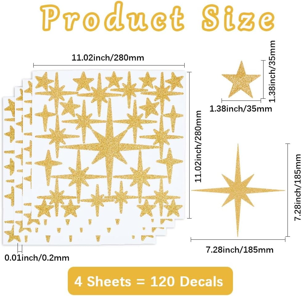 4 pc 4 Sheets 120Pcs Gold Glitter Star Wall Stickers Self-Adhesive Vinyl Sparkle Stars Wall Decal Peel and Stick Removable Art Decor Murals for Nursery Bedroom Awards Album Scrapbook Cup Phone