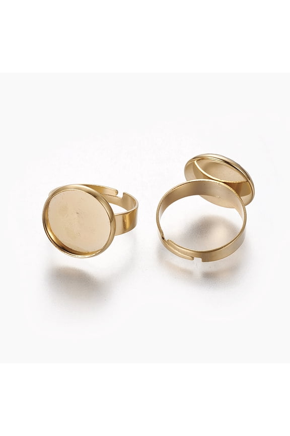 4 pc Adjustable 304 Stainless Steel Finger Rings Components Pad Ring Base Findings Flat Round Golden Tray: 14.5mm Size 7 17.5mm