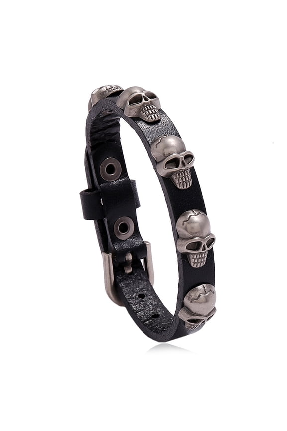 4 pc Alloy Rivet Studded Cowhide Cord Bracelet Gothic Bracelet with Buckle for Men Women Black 9-1/2 inch(24cm)