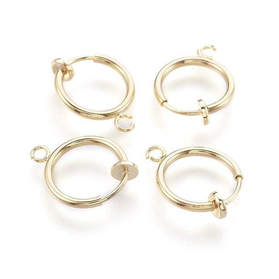 4 pc Brass Clip-on Hoop Earrings For Non-pierced Ears with Spring Findings Nickel Free Real 18K Gold Plated 16.5~17x12.5x4mm Hole: 1~1.5mm