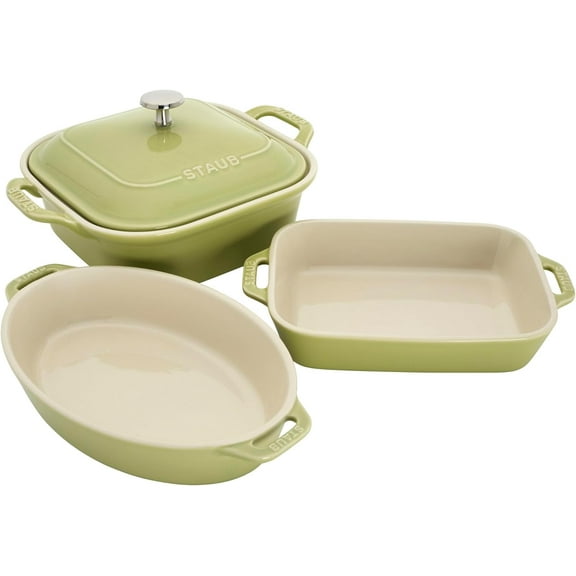 4-pc Ceramic Baking Pans Set, Casserole Dish with Lid, Brownie Pan, Light Green