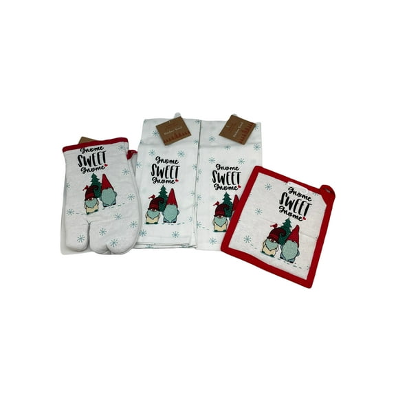 4 Pc Christmas Gnome Kitchen Towel Set with Pot Holder and Oven Mitt
