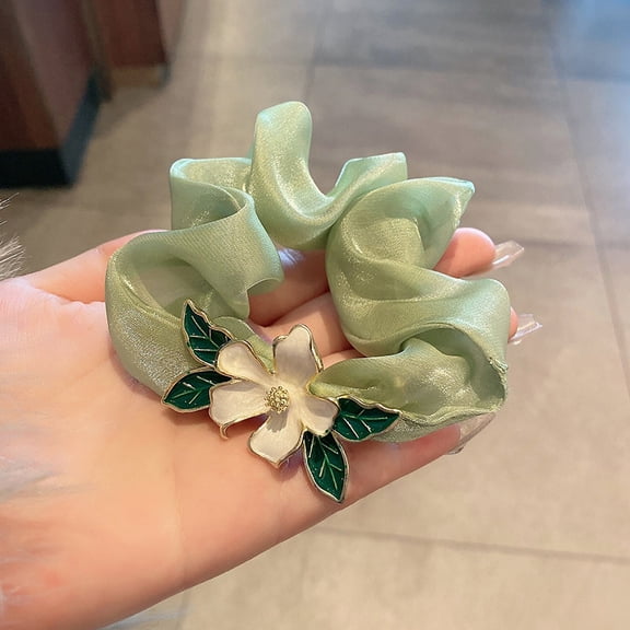 4 pc Gauze Alloy Enamel Hair Ties Flower for Girls or Women Scrunchie/Scrunchy Hair Ties Dark Sea Green 80mm