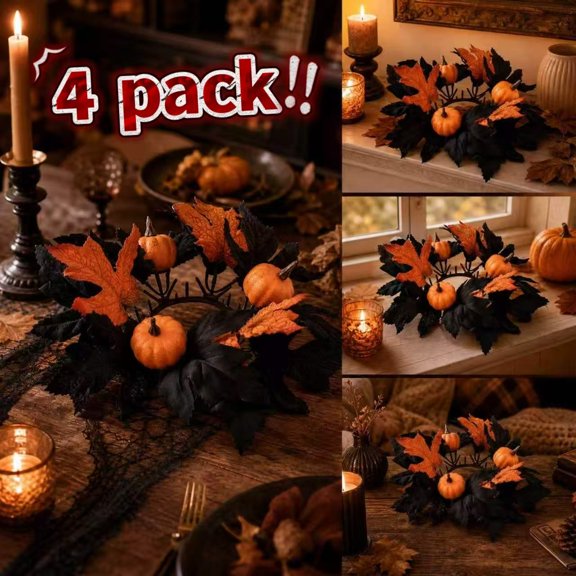 4 pc Halloween Pumpkin Candle Ring Wreath 10 Inch, Fall Maple Leaf Candle Holder Table Centerpiece Decor for Mantel Party Thanksgiving