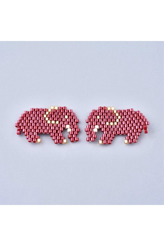 4 pc Handmade Seed Beads Pendants with Elastic Thread Loom Pattern Elephant Dark Red 16x24~26x1.5mm Glass