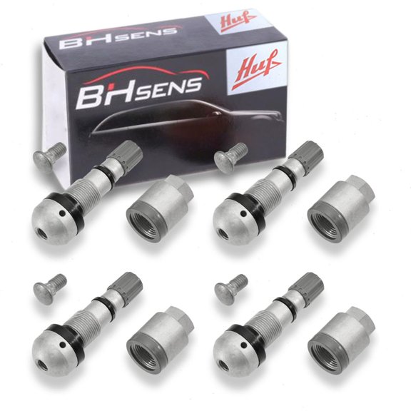 4 pc Huf TPMS Sensor Service Kits compatible with BMW 335is 2011-2013 - 48Mm Silver Finish, Black Seat