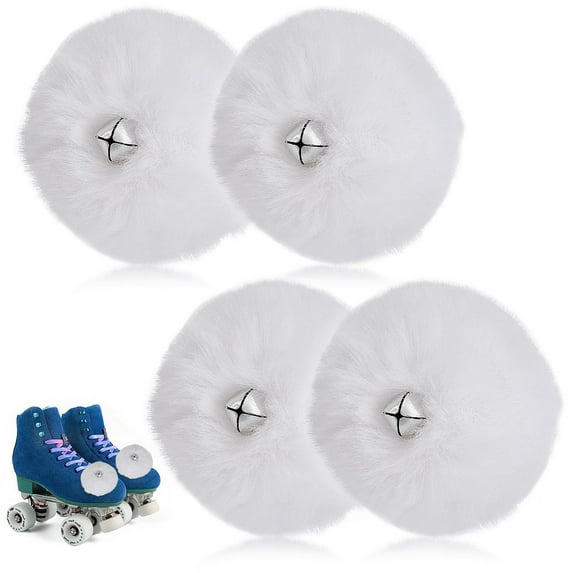 4 pc Imitation Rex Rabbit Fur Pompom Skate Shoelaces for Kids with Iron Bell White 330x78mm
