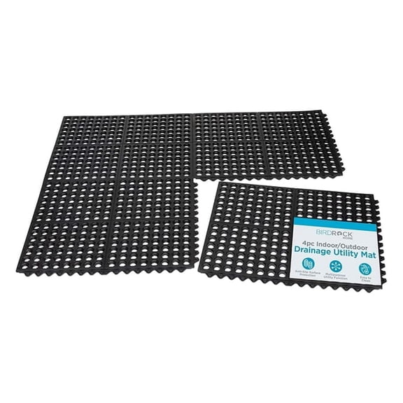 4 pc Indoor Outdoor Drainage Utility Mat - Non Slip Rubber Floor Mat for Kitchen, Pool, Restaurant, Industrial, Patio, Bartending,Flooring, Interlocking Tiles, Durable - 20 x 24 - Black