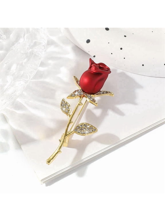 4 pc Rose Alloy Enamel Brooches with Rhinestone Beads Red 62x24mm