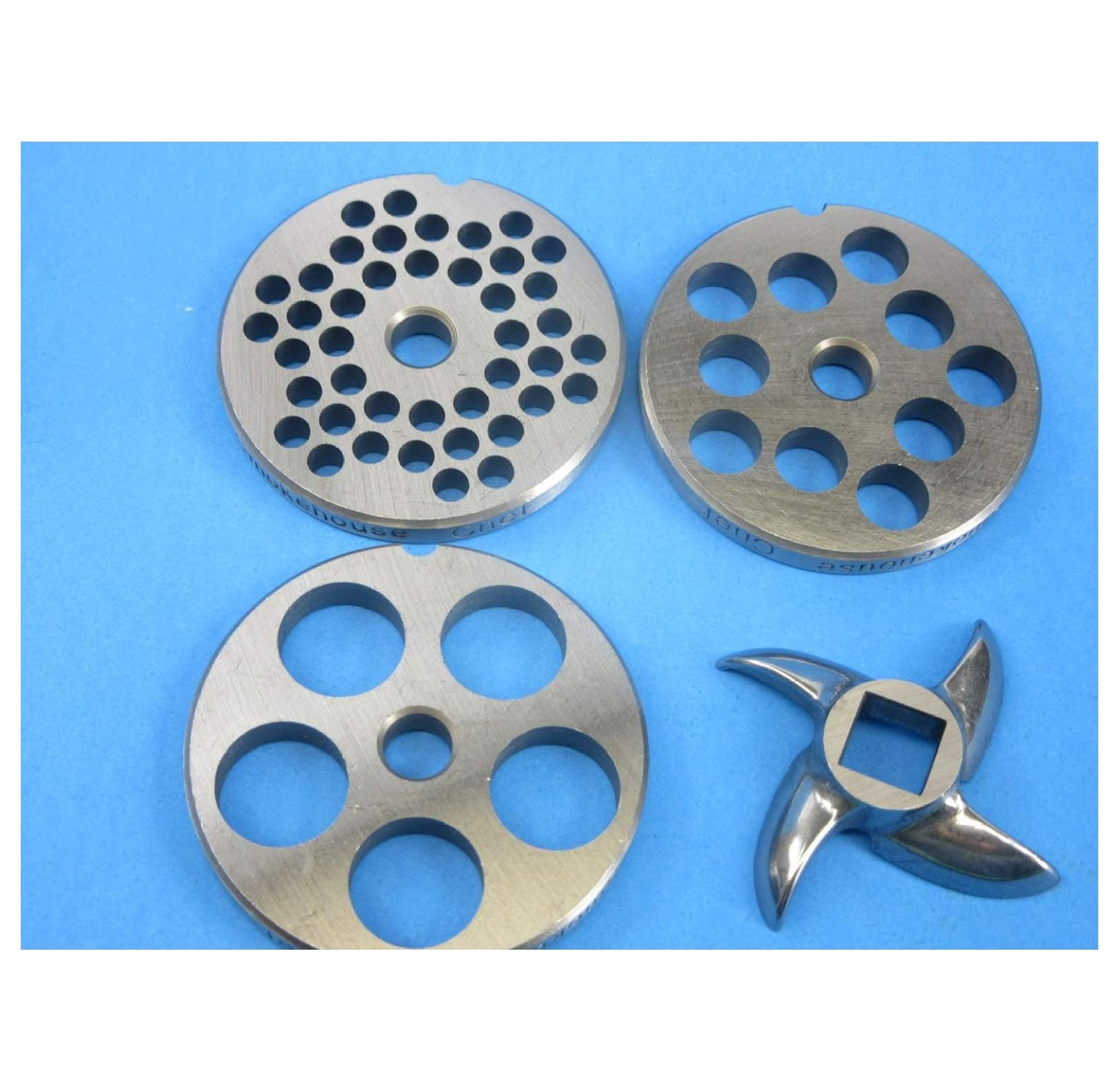 4 pc SET size 12 meat grinder plates and knive for LEM Cabelas etc. 3/