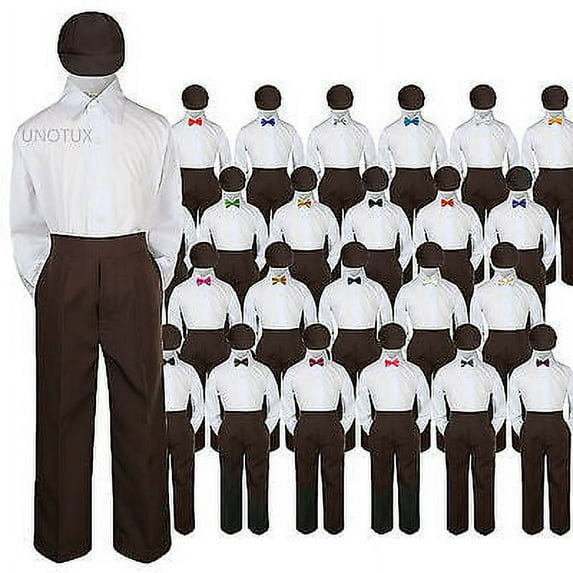 4 pc Set Bow Tie Boys Baby Toddler Kid Wedding Formal Suit Brown Hat Pants S-7