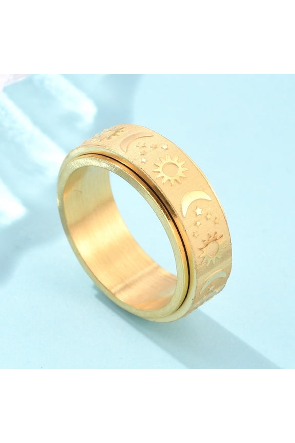 4 pc Star & Moon & Sun 304 Stainless Steel Rotatable Finger Ring Fidget Spinner Ring for Calming Worry Meditation Golden US Size 8 1/2(18.5mm)