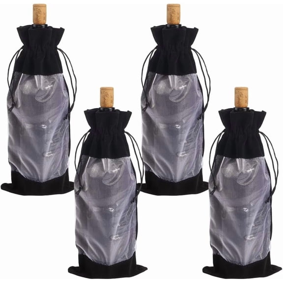 4 pc Velvet Wine Bottle Packing Pouches Drawstring Bags with Visible Window Rectangle Black 35x15x0.3cm creative