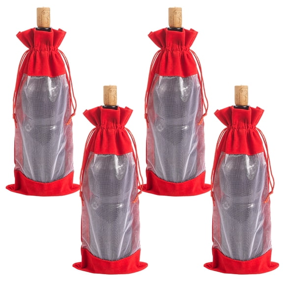 4 pc Velvet Wine Bottle Packing Pouches Drawstring Bags with Visible Window Rectangle FireBrick 35x15x0.3cm