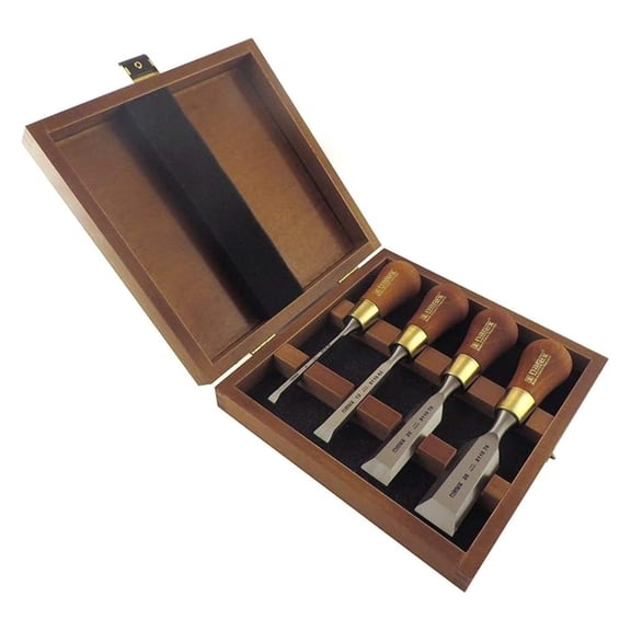 4 pc set 6 mm (1/4) , 12 mm (1/2) , 20 mm (11/16) , 26 mm (1-1/16) Butt Woodworking Chisels in Wooden Presentation Box 853750