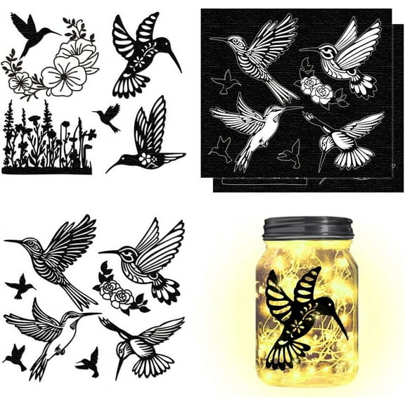 4 pcs 2 Styles Hummingbird Bushes Flowers Cutouts Decals Silhouette Paper for DIY