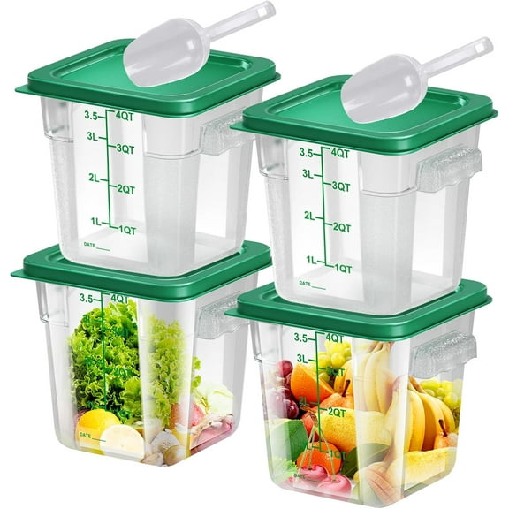 4 pcs 4qt Food Storage Containers with Lid, Square Clear Commercial Food Storage Containers with Handle and Scale for Food Storage in Home Kitchen & Dining (Green)