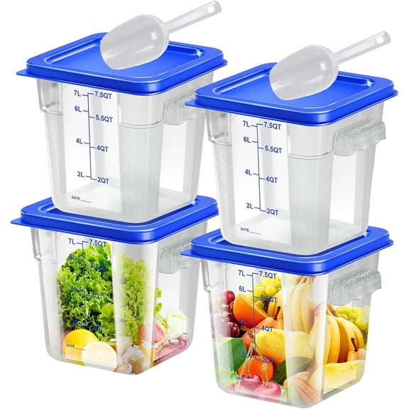 4 pcs 8qt Food Storage Containers with Lid, Square Clear Commercial Food Storage Containers with Handle and Scale for Food Storage in Home Kitchen & Dining (Blue)