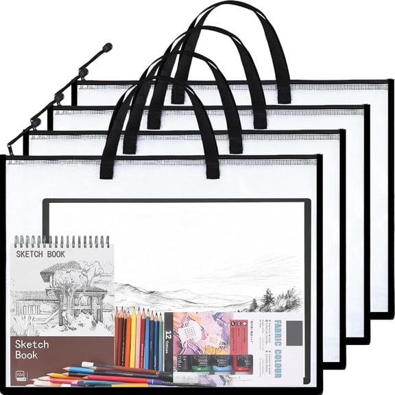 4 pcs Art Portfolio Bag with Zipper and Handle, 19x25 Inches Large Storage Bag, Folder for Artwork, Clear Organizer Board Scrapbook Keepsake Poster